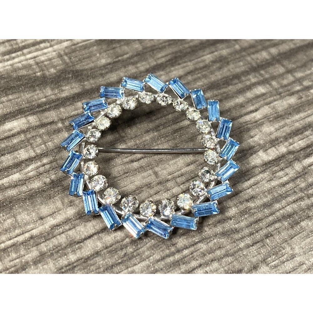 Vintage Carl Art Sterling Silver Blue Baguette Clear Round Rhinestone Brooch Pin